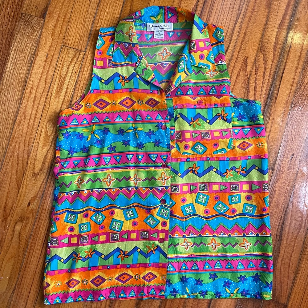 Oscar de La Renta Expressions Multicolor Geometric Silk Top